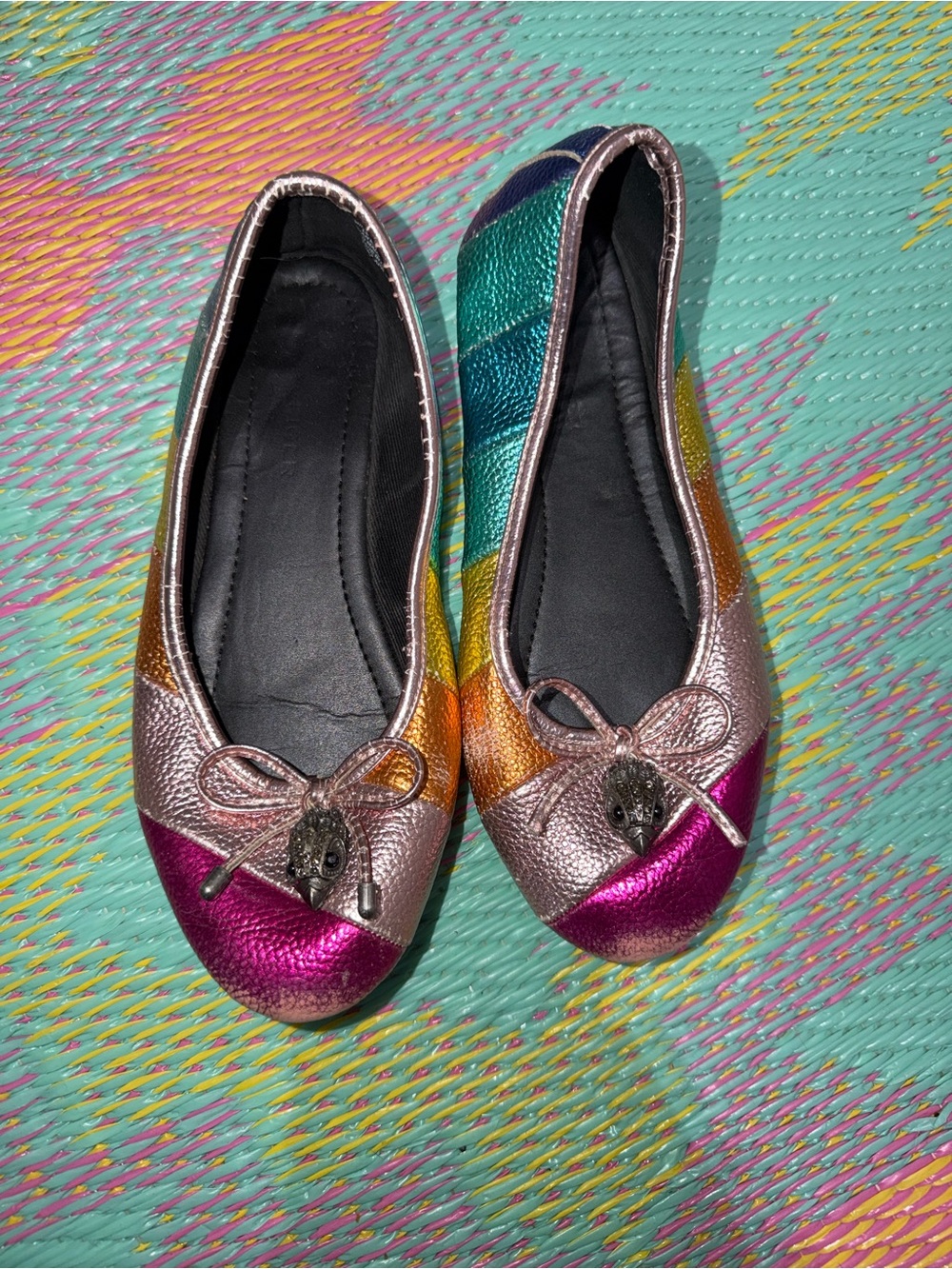 Kurt Geiger Metallic Multi-Stripe Ballet Flats - Pink, Teal & Gold